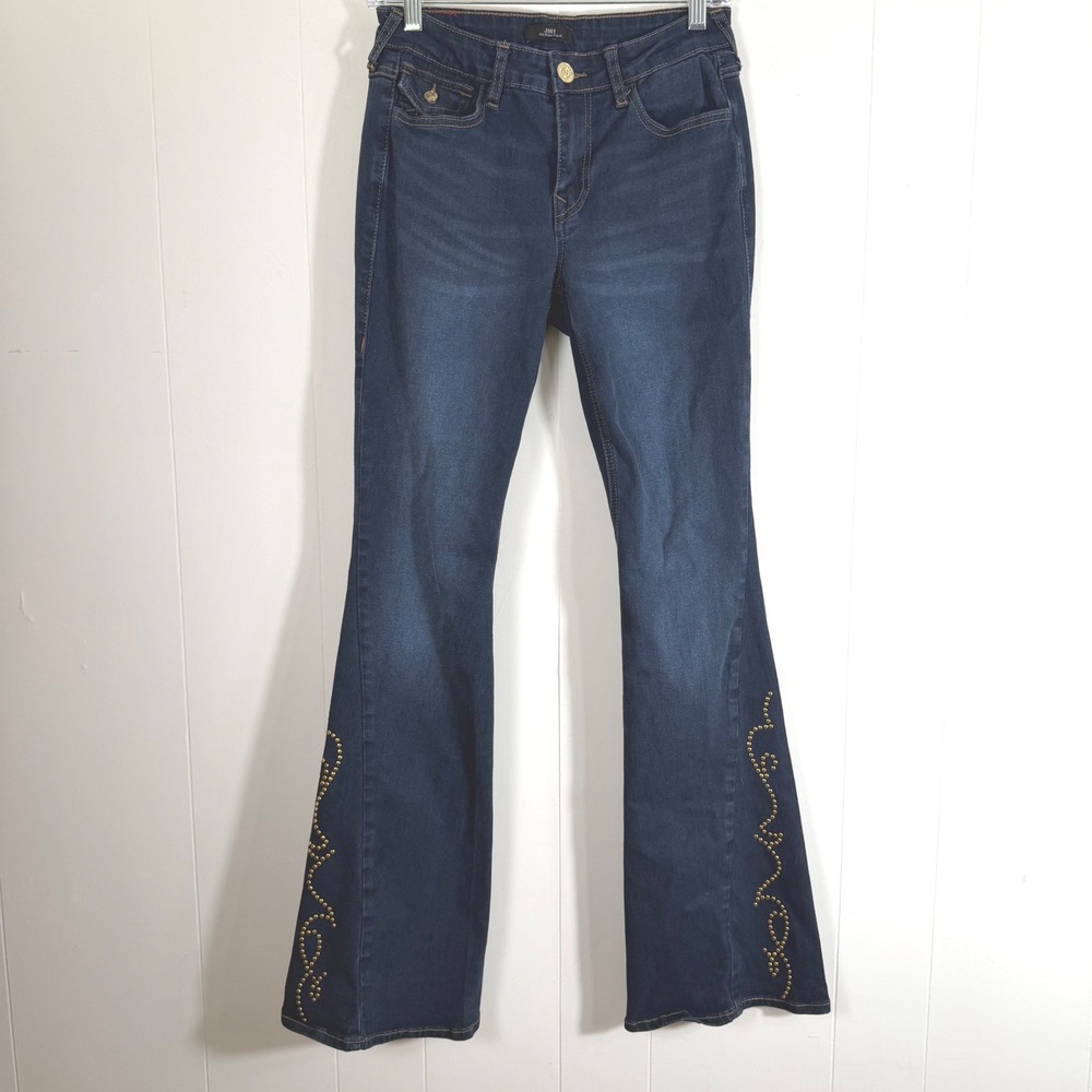 True Religion Joey Mid Rise Flare Jeans Dark Wash Studded Size 27 Hippie Western